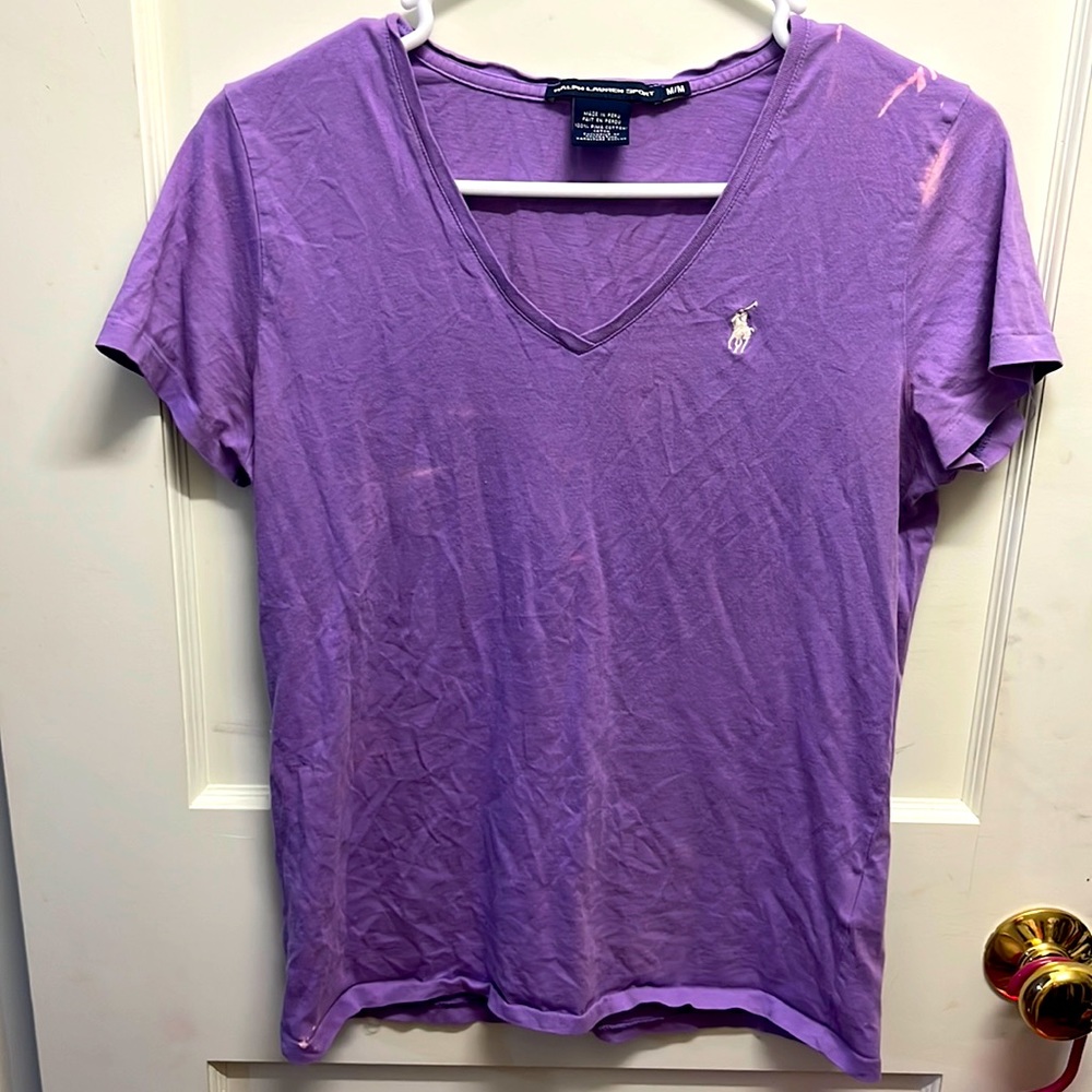 Purple V-neck Ralph Lauren sport shirt size medium with unfortunate bleach stain